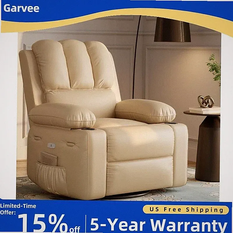 Leather Power Recliner Chair Swivel Oversized Massage Heat USB Ports Side Pocket