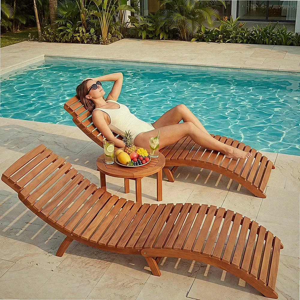 Lounge Chairs for Outside Folding Acacia Wood Chaise Lounge with Side Handle