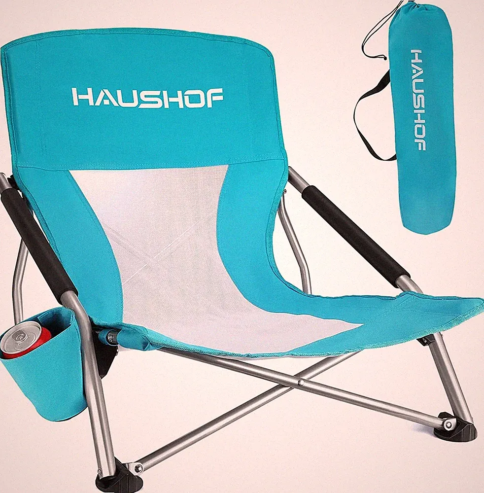 Low Beach Chair Mesh Back Folding Chair Lightweight Low Seat Chairs w/Cup Holder