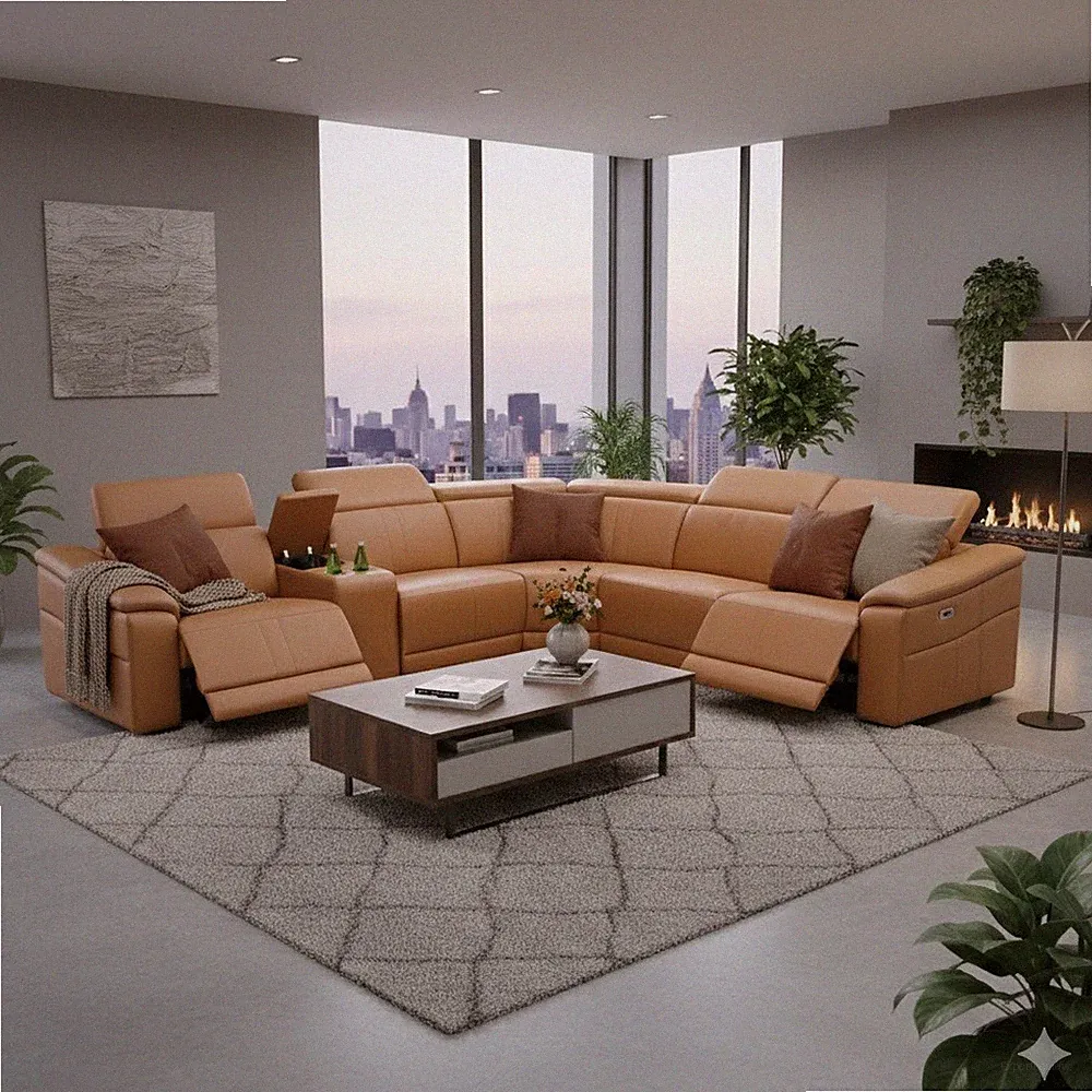 LUXURY 119" Power Recliner Sectional Caramel Tan Brown Contemporary Living Room
