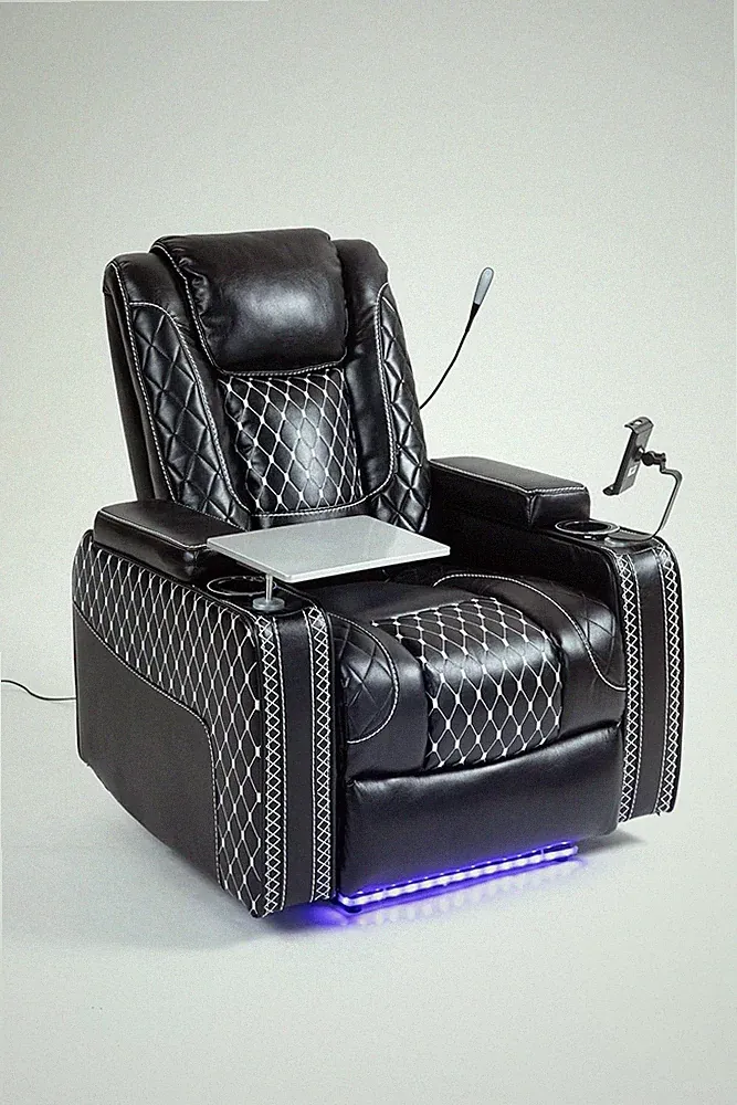 Luxury Power Recliner Chair with Cup Holder & Storage - Black Leather