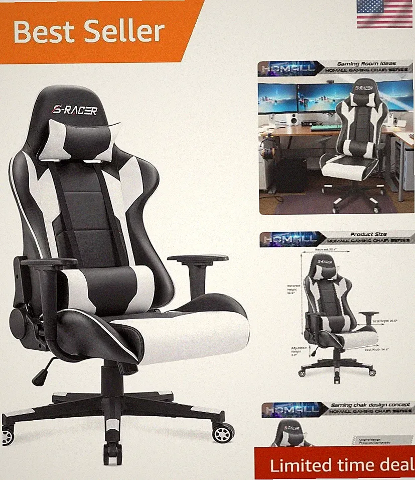 Luxury White Racing Style Gaming Chair with Lumbar Support & Reclining Function
