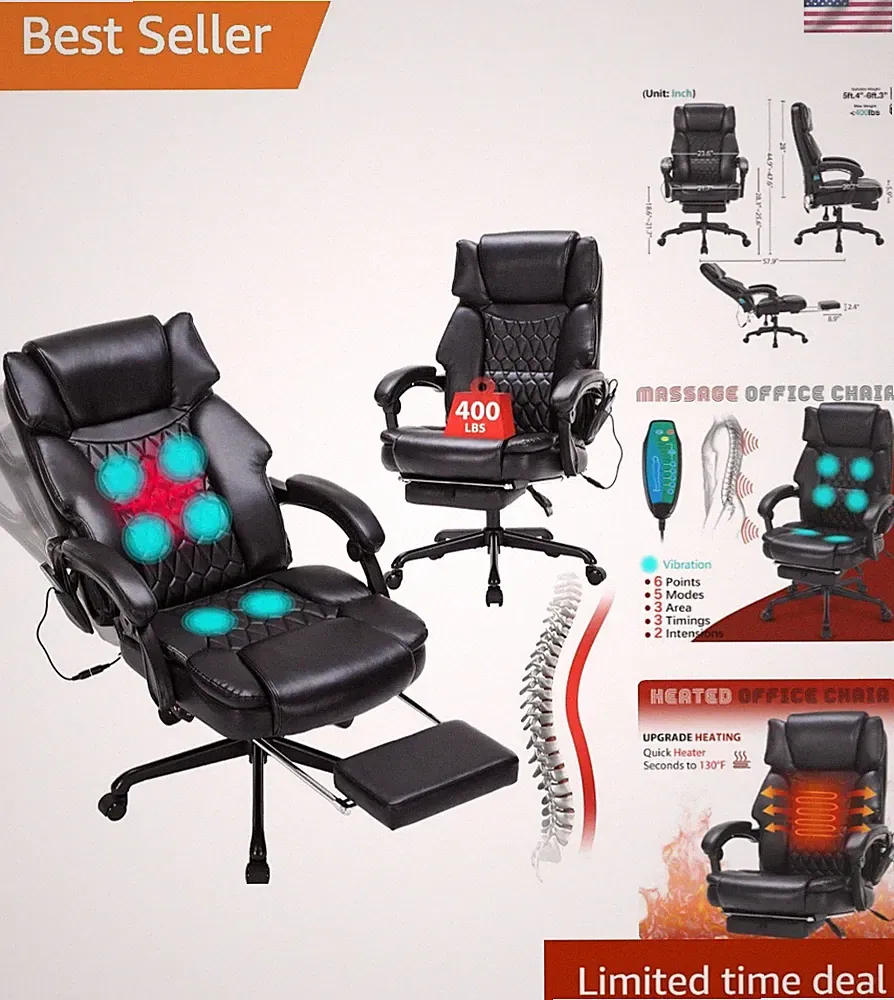 Massage Office Chair with Foot Rest 6 Points Vibration and Heat Home Office D...