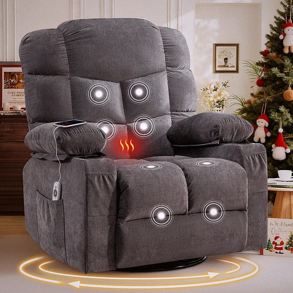 Massage Swivel Rocker Recliner Chair w/Lumbar Heating sofa chair w/Cup Holders