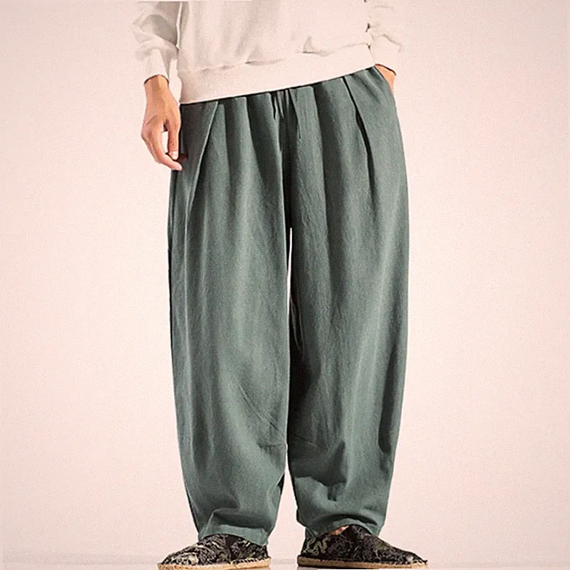 Men Linen Wide Leg Trousers Pants Plain Baggy Tapered Oversized Elastic Waist