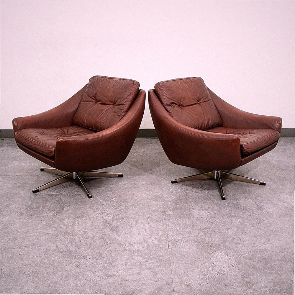 Mid Century Danish Modern Lounge Chairs Swivel Brown Leather Armchair Vintage VG