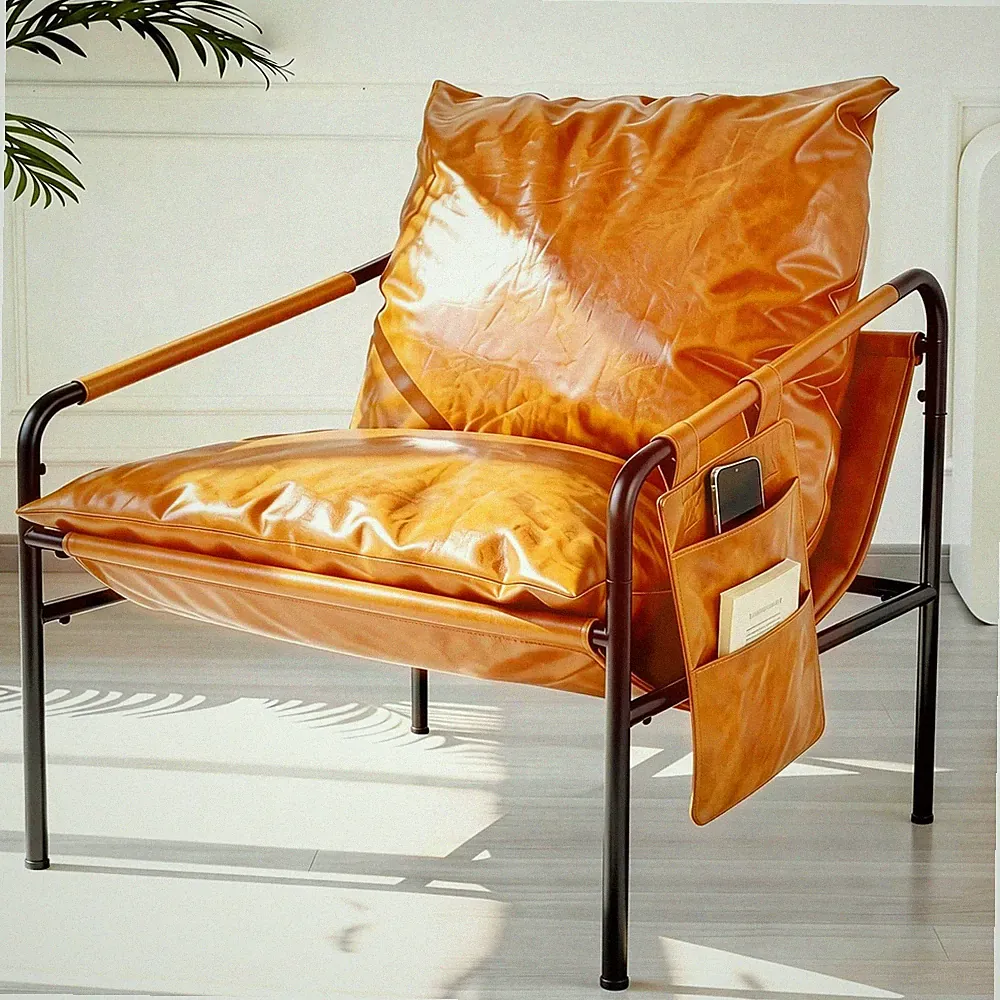 Modern Bright Orange Oversized Faux Leather Chair, Recliner Armchair, Comfy A...