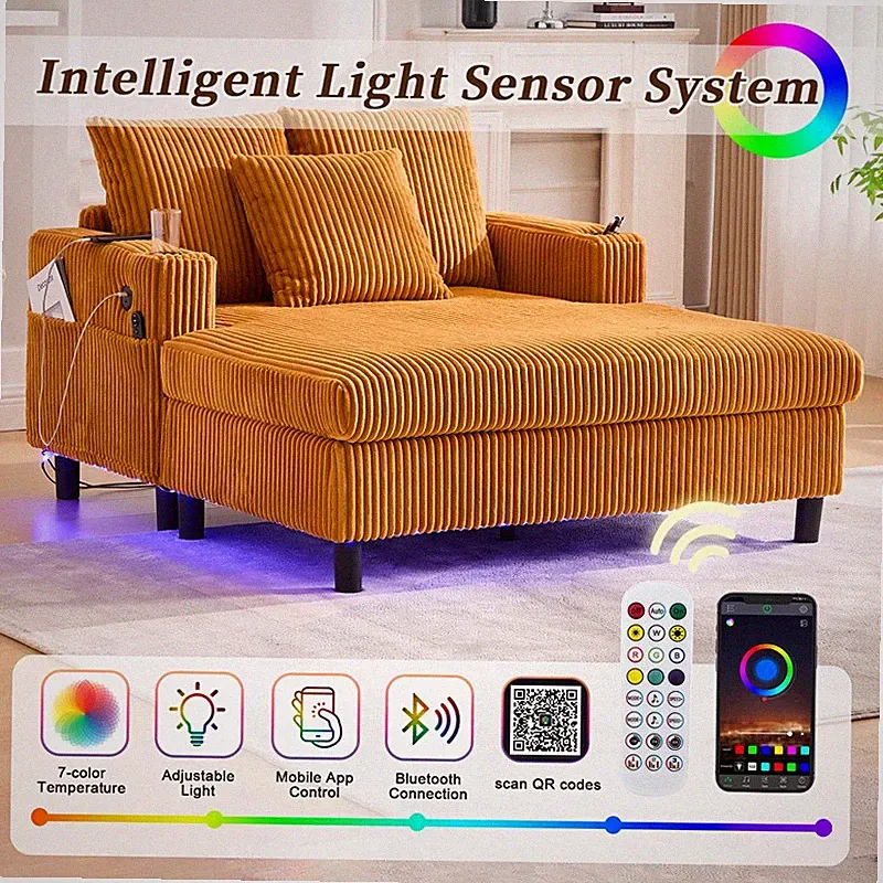 Modern Corduroy Oversized Recliner Sofa Deep Seat with LED Light,USB,Cup Holder