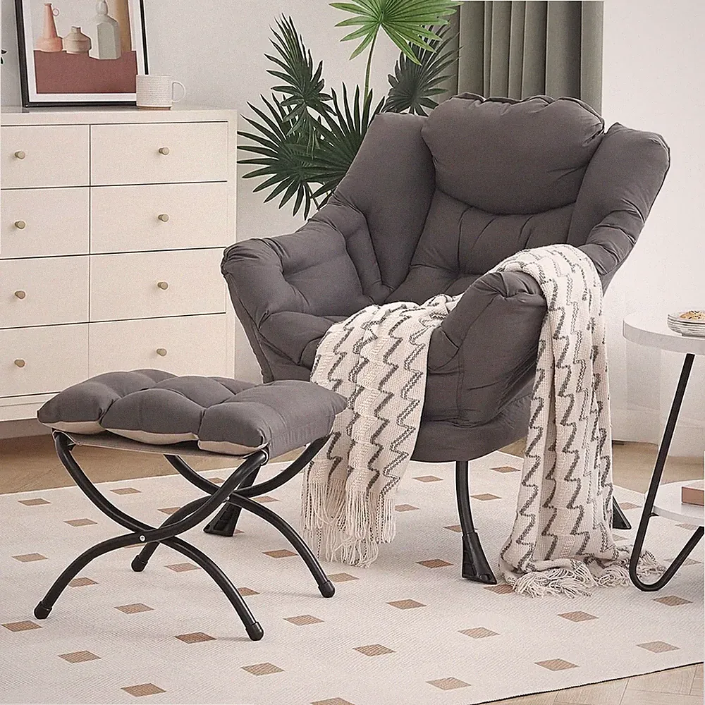 Modern Lazy Chair with Ottoman, Comfortable Accent Chair for Living Room, Grey