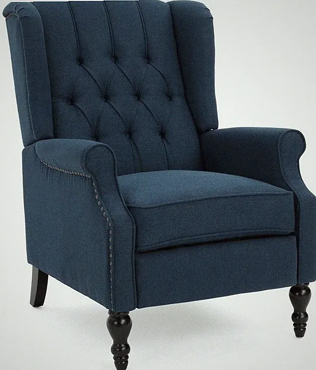 Navy Blue Tufted Wingback Manual Pushback Recliner Chair Nailhead Club Armchair