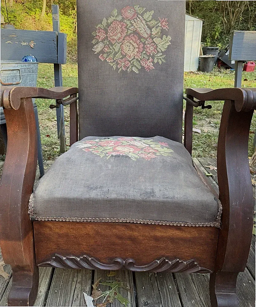 Needle Point Apolsterd Antique Reclining Chair With Built In Otaman