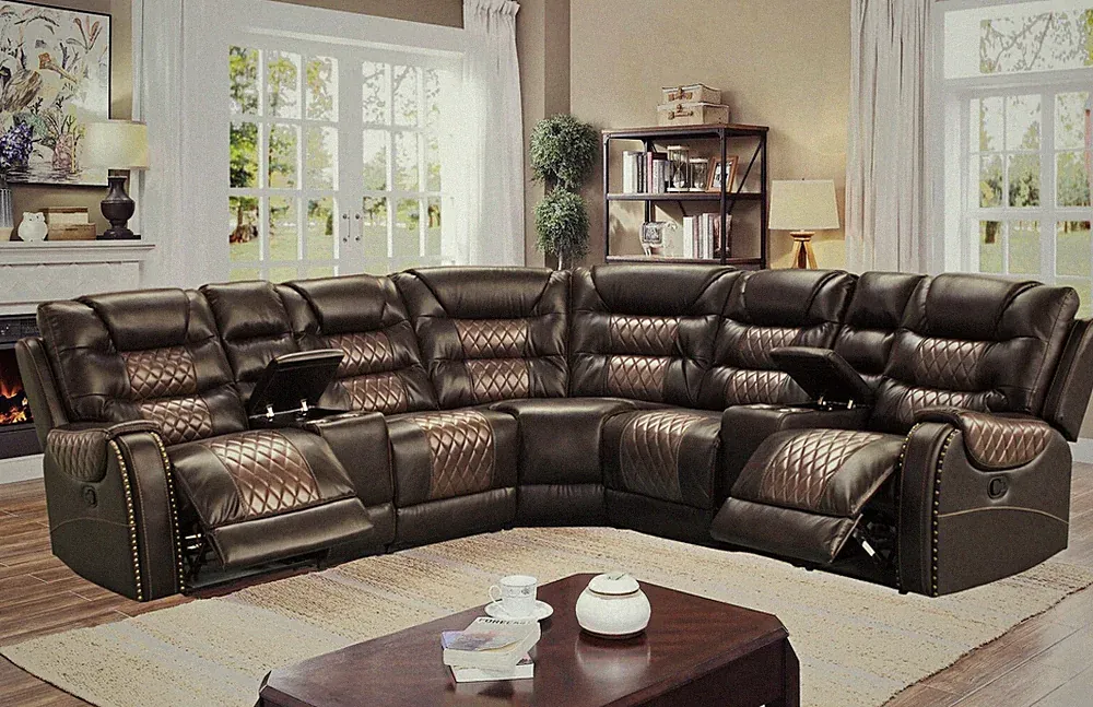 NEW 115" Two-Tone Brown Leather 2-Recliner Sectional Traditional Rustic Living