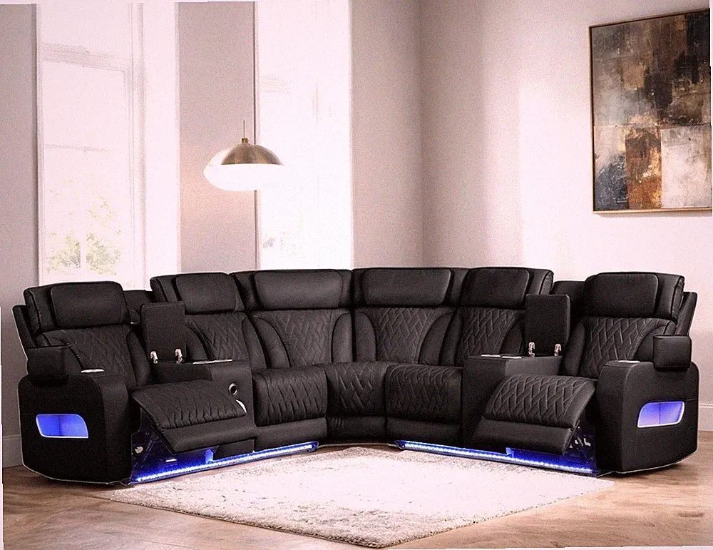NEW 115" Wide LED Sectional Power Recliner & Adj Headrest w/ BT Speaker Black