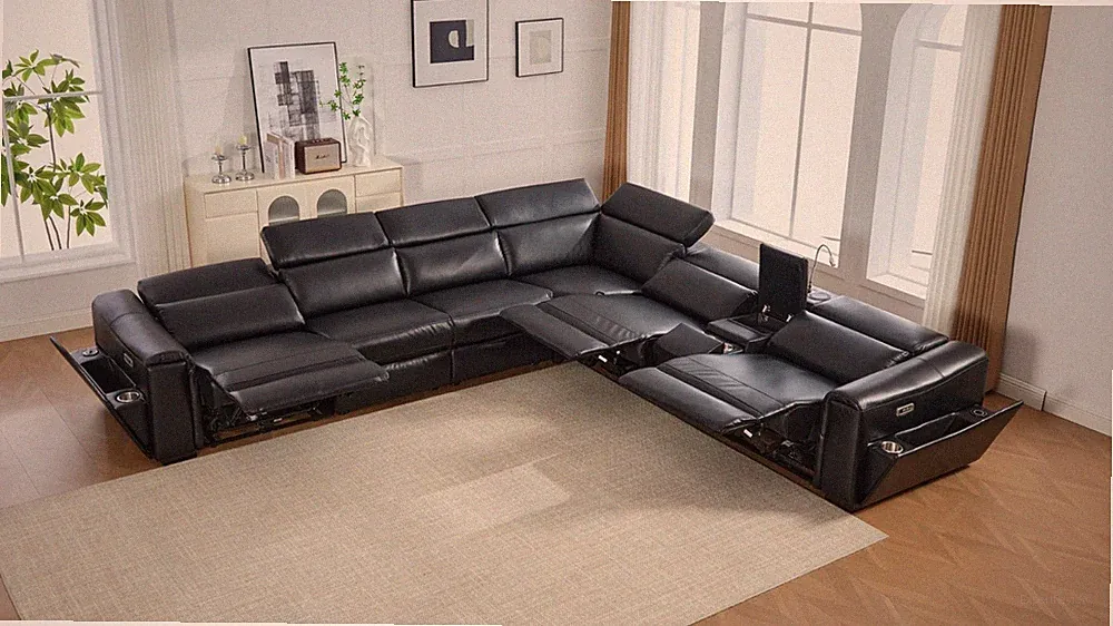 NEW 142" Modern Power 3-Recliner Sectional Adj Headrests Black Living BT Speaker