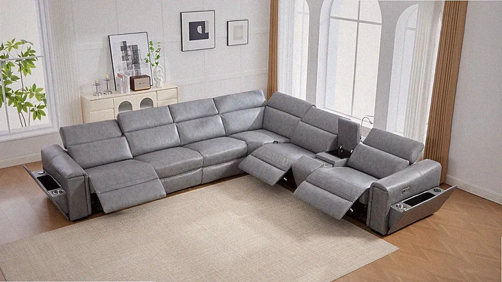 NEW 142" Modern Power 3-Recliner Sectional Adj Headrests Gray Living BT Speaker