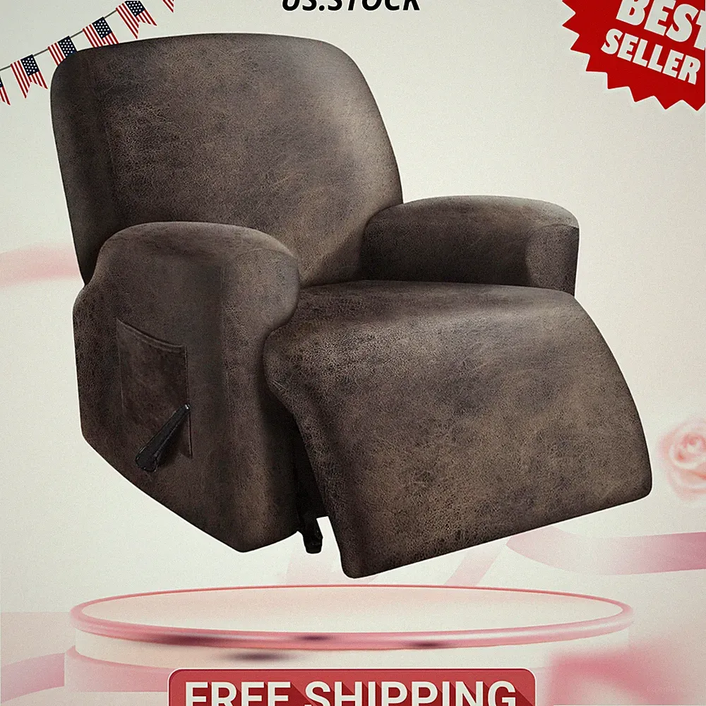 NEW Leather Like Oversized Recliner Chair Cover XL 4PC Washable Dark Brown Wide