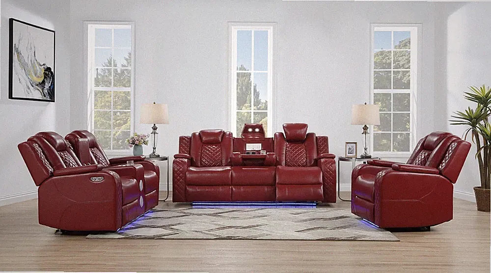 NEW LED Power Recliner Adjustable Headrest Red Leather 3PC Sofa Set & BT Speaker