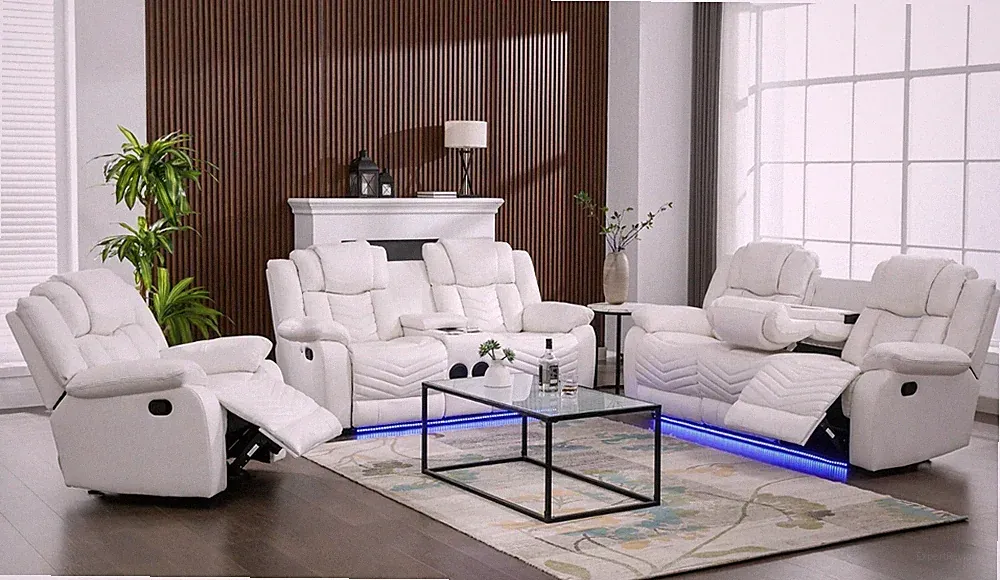 NEW LED Recliner Sofa Loveseat Chair 3PC Set White Leather & Bluetooth Speaker