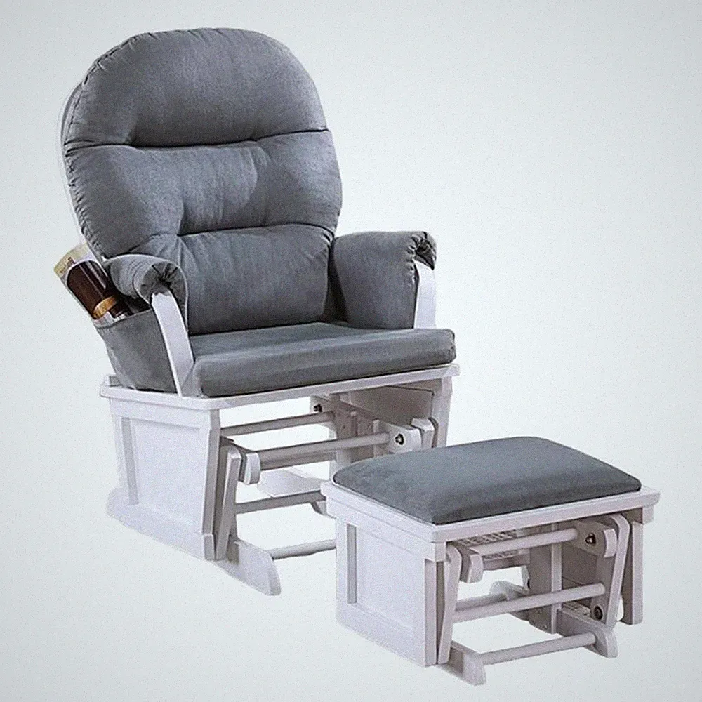 Noni Glider Manual Recliner Chair with Ottoman- White Wood- Gray