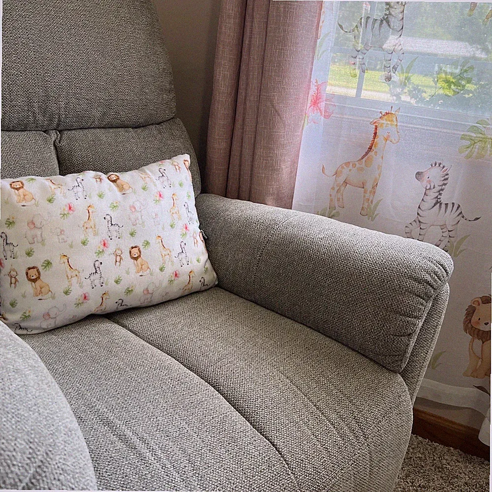 Nursery Safari Animal Sheer Curtains and Matching Pillow For Recliner
