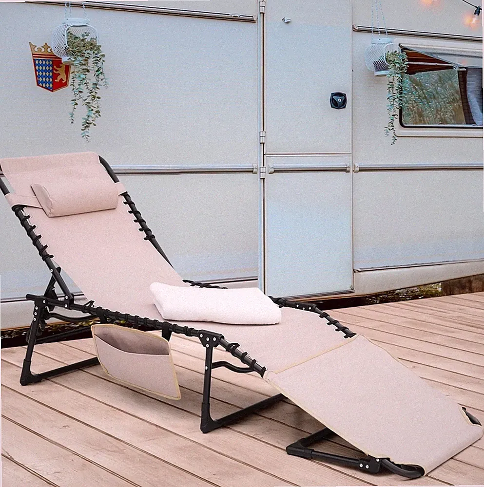 Nuu Garden Foldable Outdoor Chaise Lounge Chair Adjustable Patio Recliner Beige