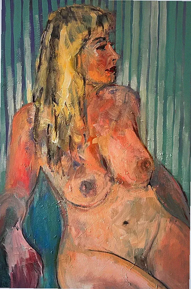 Original Framed Acrylic Painting, woman reclining nude