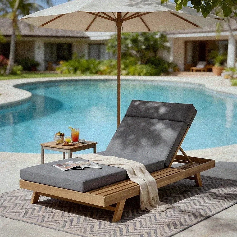 Outdoor Chaise Lounge Chair w/ Cushion, Acacia Wood, Adjustable Water-Resistant