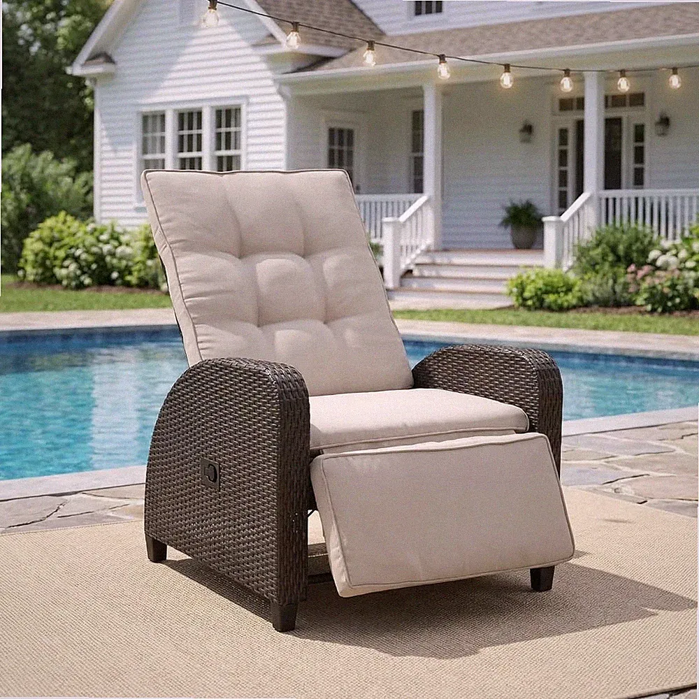 Outdoor Patio Recliner with Adjustable Backrest and Footrest, All-Weather Wicker