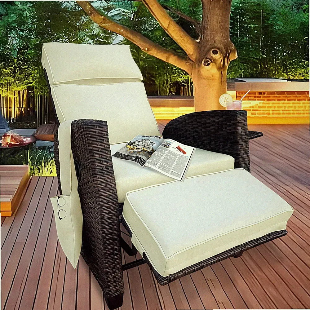 Outdoor Recliner Chair, Patio Lounge Chair, Flip-up Table, Adjustable Backrest
