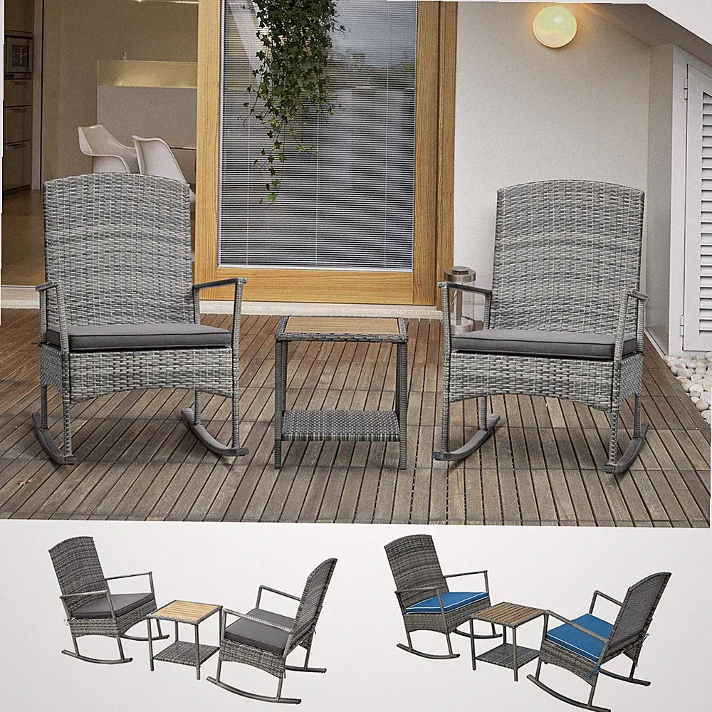 Outsunny 3 PCS Paito PE Rattan Recliner Rocker Chair w/ Soft Cushion for Garden