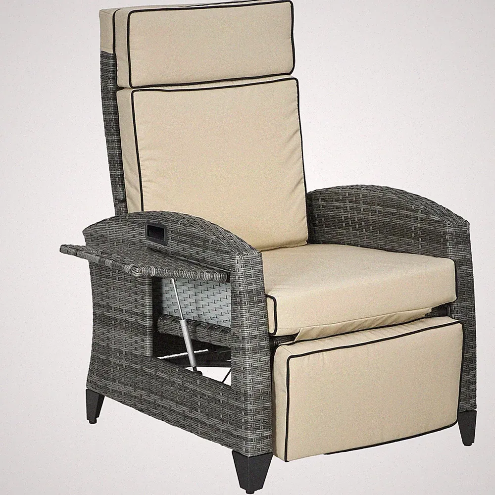 Outsunny Outdoor Recliner Chair with Adjustable Backrest, Cushion, Khaki