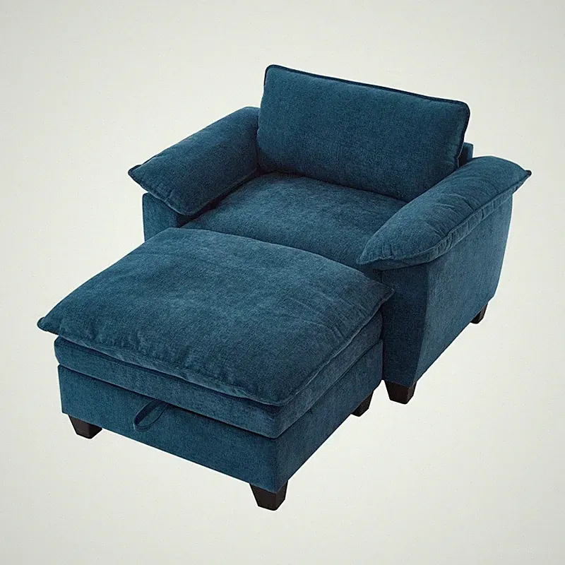 Oversized Chaise Lounge Chair Chenille Upholstered Single Sofa w/Storage Ottoman