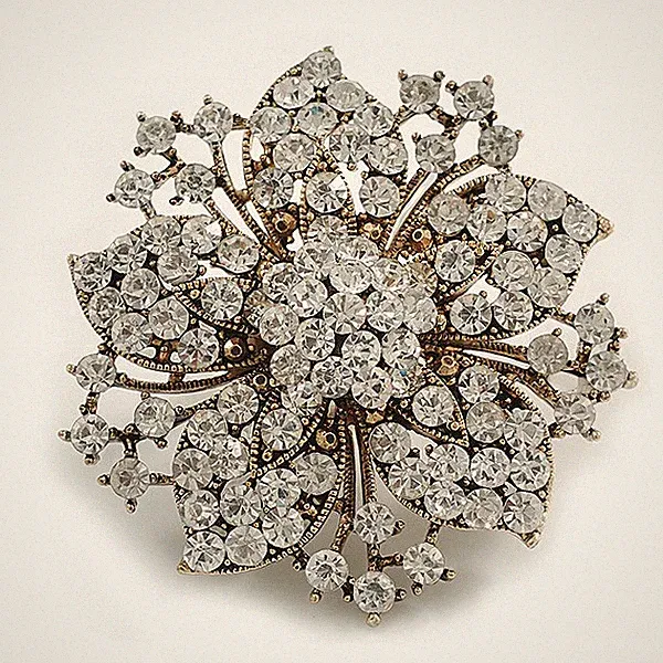 Oversized Clear Crystal Flower Ring In Aged Gold Tone/ Victorian Style - 55mm