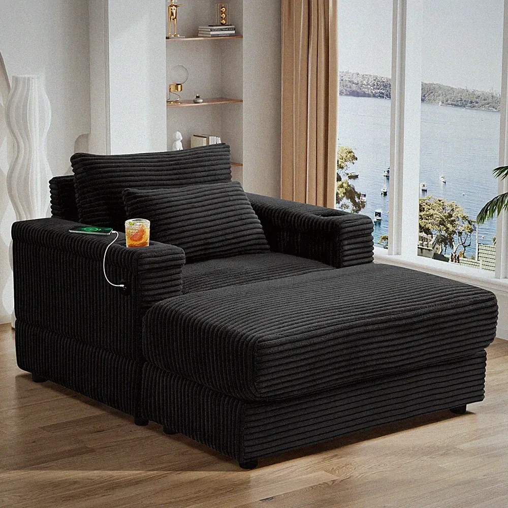 Oversized Corduroy Upholstered Chaise Longue Chair Reclining Sofa w/Ottoman