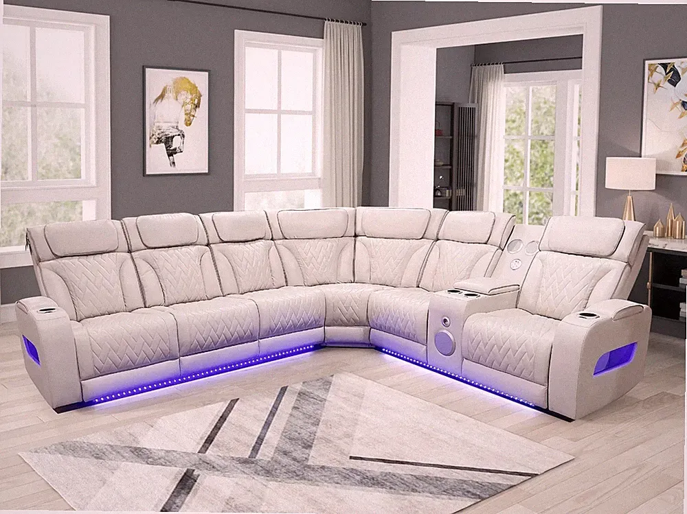 OVERSIZED LED Power Recliner & Adj Headrest Sectional Beige w/ Bluetooth Speaker