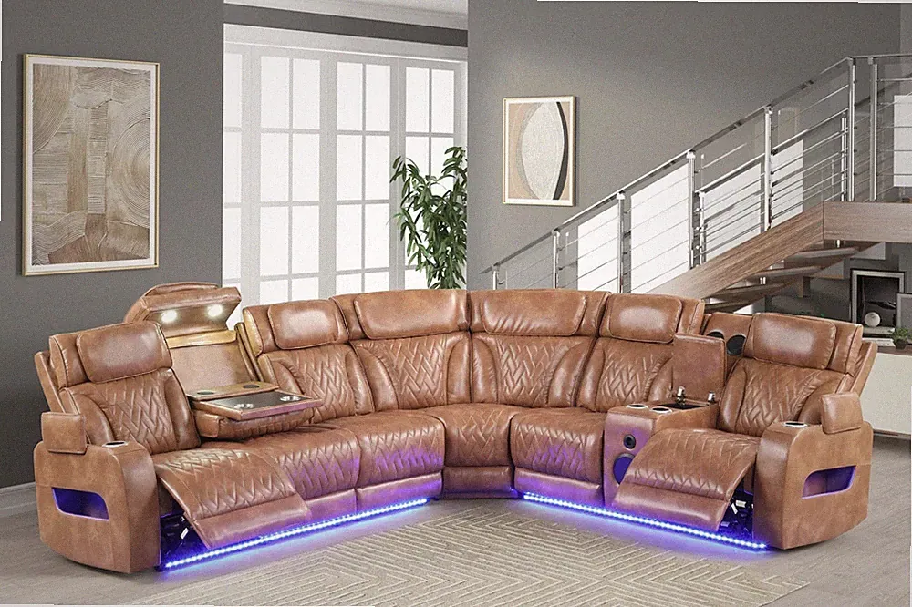OVERSIZED LED Sectional Power Recliner & Adj Headrest w/ Bluetooth Speaker Brown