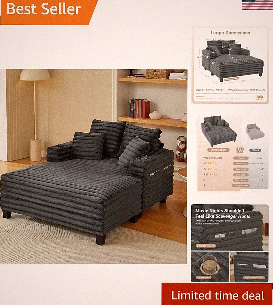 Oversized Lounge Chair Sofa Bed with Storage Pockets Cup Holders Grey