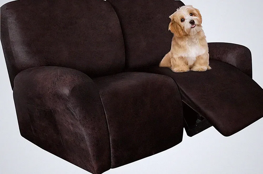 Oversized Loveseat Recliner Slipcover - 6-Piece Stretch Leather Protector (Choco