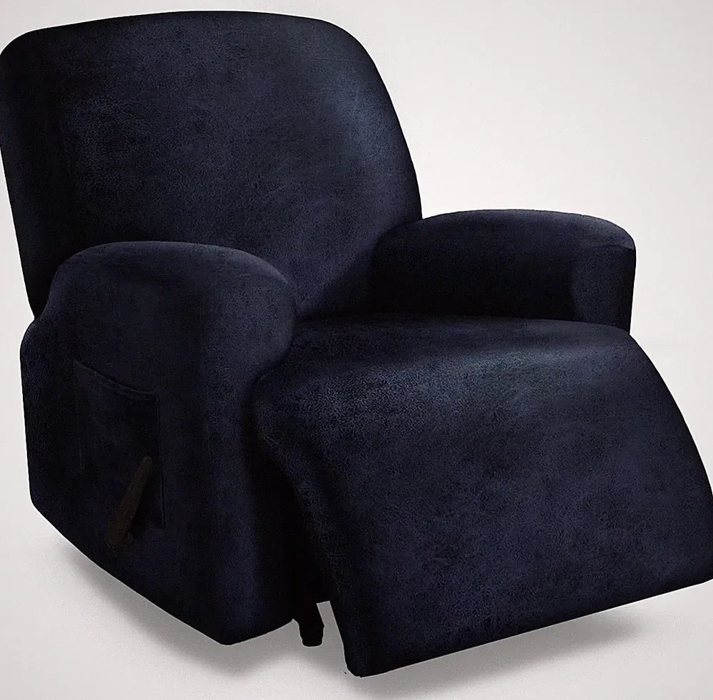 Oversized Navy Blue Recliner Chair Covers - 4 Piece Stretch Slipcover Set
