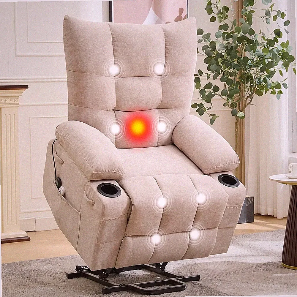 Oversized Power Lift Recliner Chair with Massage & Heat for Elderly, Beige