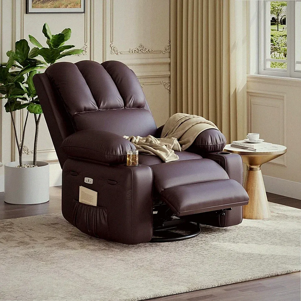Oversized Power Recliner Chair with Heat and Massage - 360° Swivel Faux Leath...