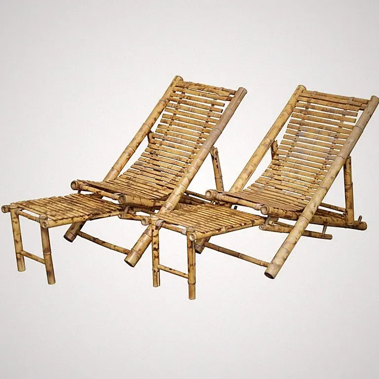 PAIR OF MID CENTURY MODERN CIR 1950 BAMBOO RECLINING SLING ARMCHAIRS & FOOTSTOOL