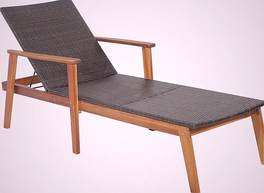 Patio Rattan Chaise Lounge Chair Recliner Back Adjustable Acacia Wood Garden
