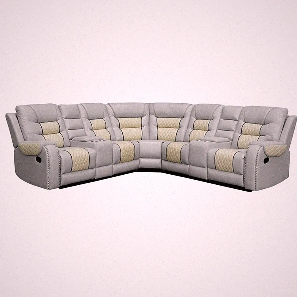 Pemberly Row Manual Recliner Sectional Sofa Set PU Leather L-Shaped Couch Beige