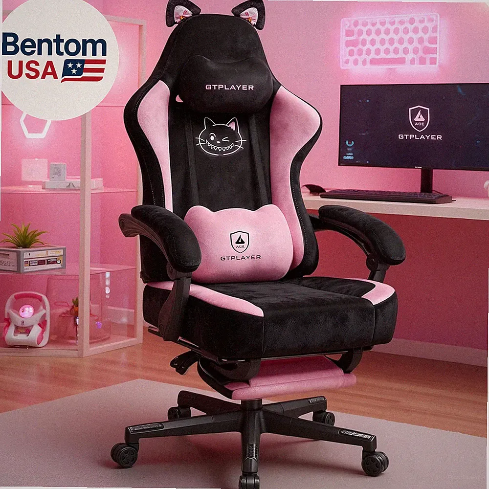 Pink Gaming Chair Cute with Cat Ears Ergonomic Computer Chair with Cat Embroider