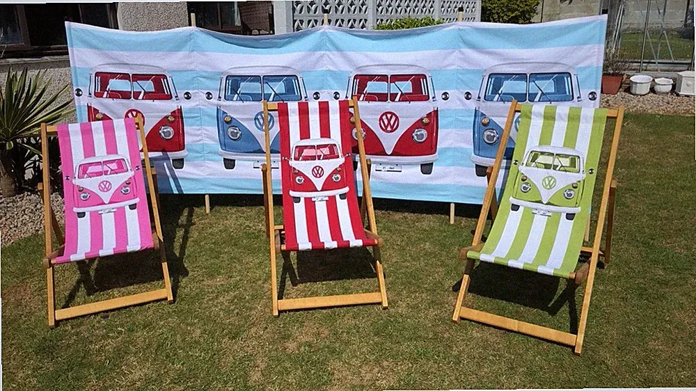 Pink Volkswagen Camper Deckchairs Hardwood Frame With Canvas Sling.