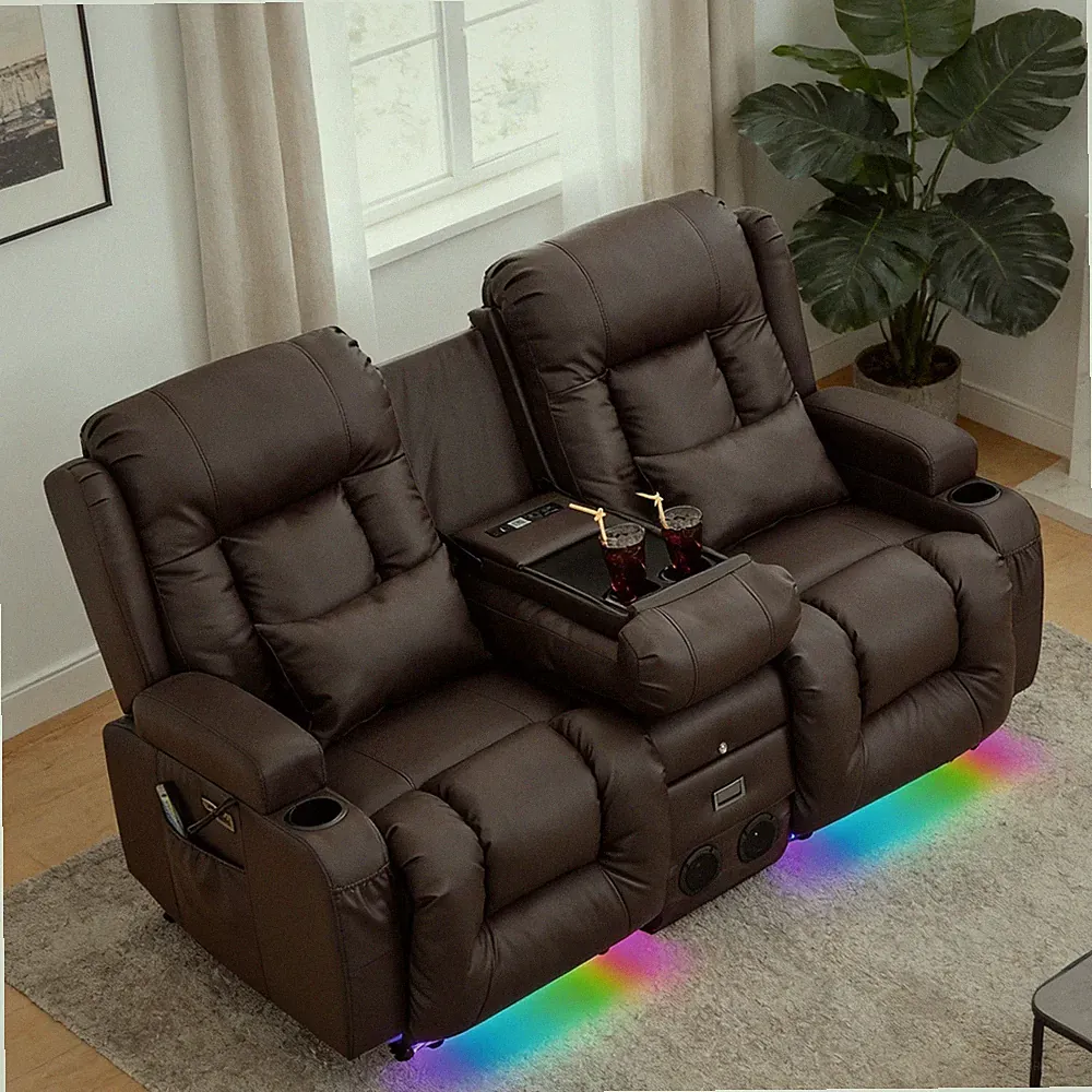 Power Leather Recliner Theater Seats Loveseat w/Massage&Heat Bluetooth Speakers