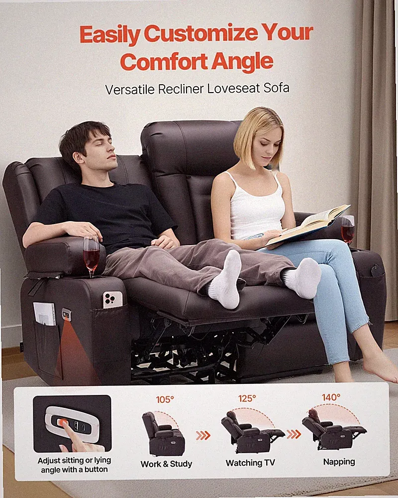 Power Loveseat Recliner Sofa Heat Massage USB Cup Holders PU Leather