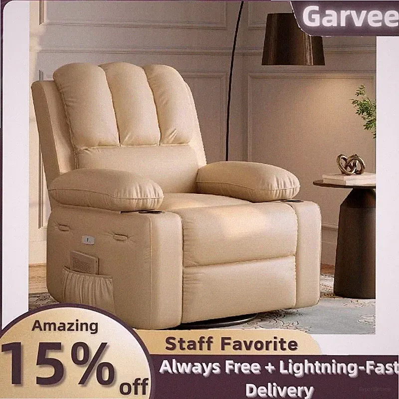 Power Recliner Chair Adults Swivel Leather Massage Heat USB Ports Side Pockets