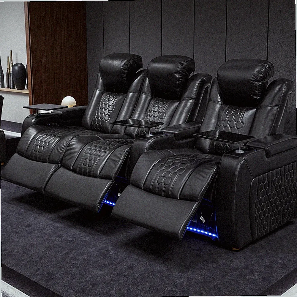 Power Recliner Home Theater Seating 3PC w/ Top-Grain Nappa Leather, RGB Lighting
